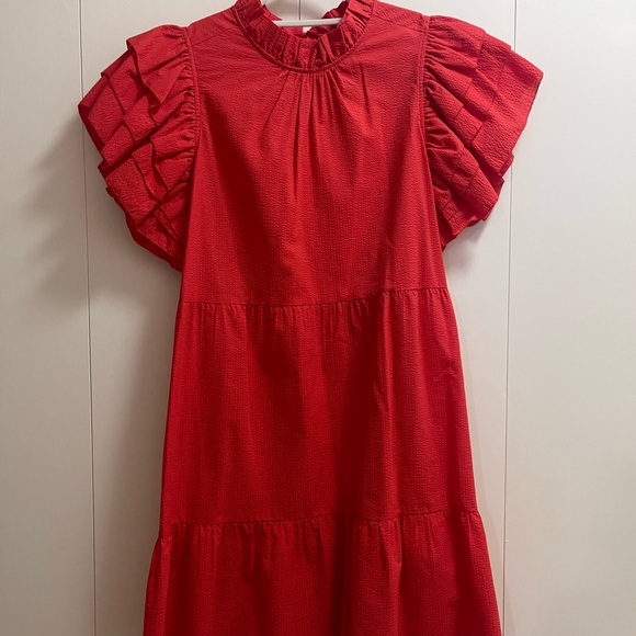 MARIE OLIVER RED RUFFLE SLEEVE TEXTURED DRESS  NWOT - Picture 2 of 7